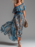 Wild - Robe longue en chiffon avec imprimé léopard et épaules dénudées