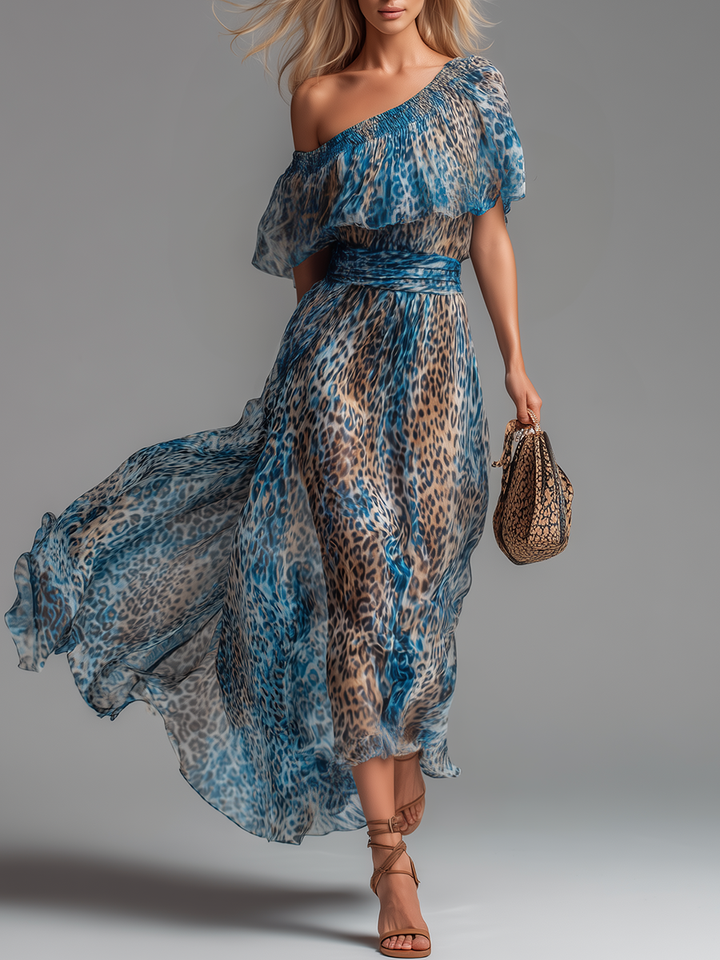 Selvaggia – Robe Maxi en Chiffon Imprimé Léopard à Épaules Dégagées