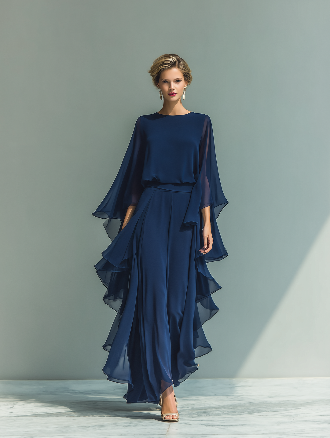 Clara | Ensemble en Chiffon Bleu Marine avec Pantalon à Volants
