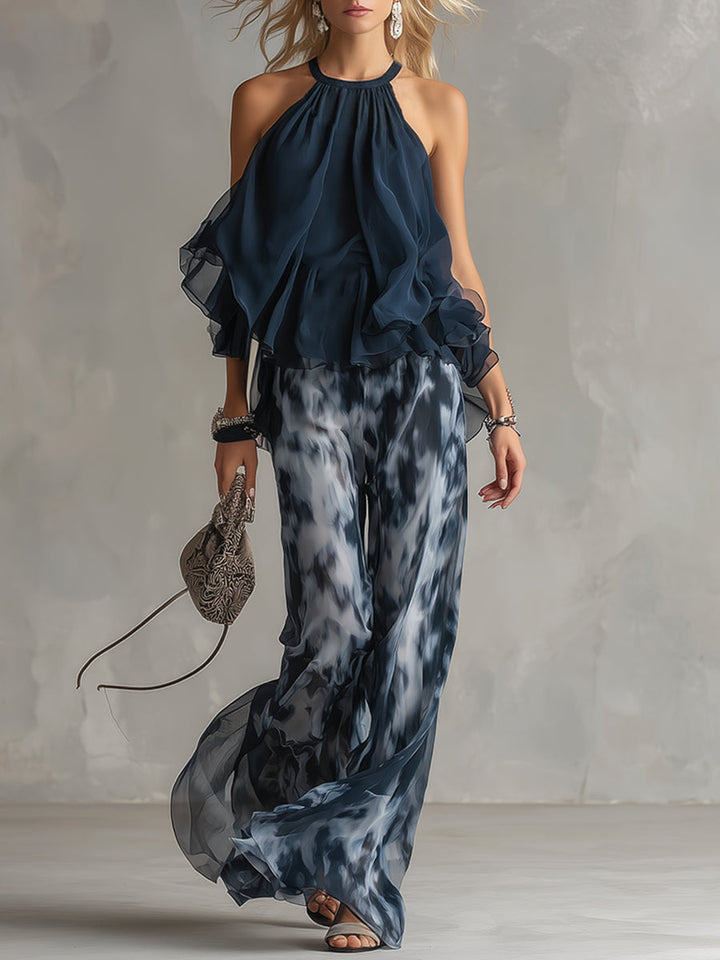 Ludovica – Ensemble élégant en chiffon avec haut à col montant et pantalon large imprimé