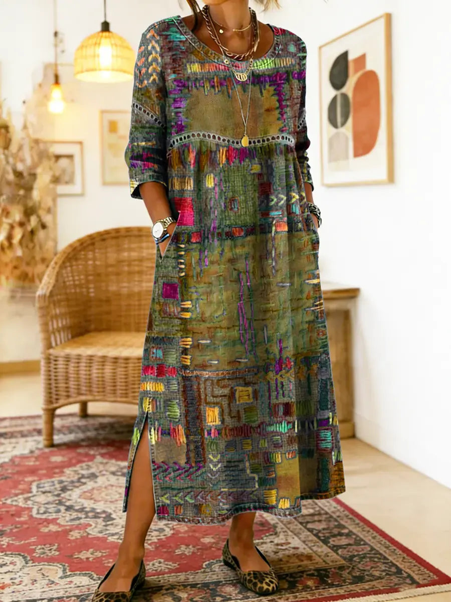 Manuela | Robe Midi Imprimé Patchwork Coloré & Poches Latérales