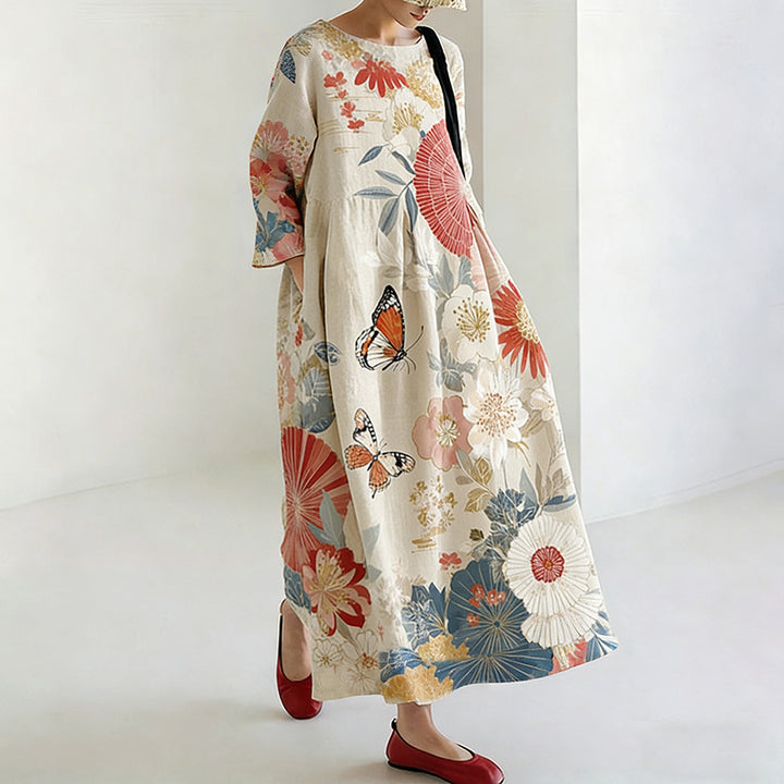 Robe à motif floral et papillon de style japonais pour femmes