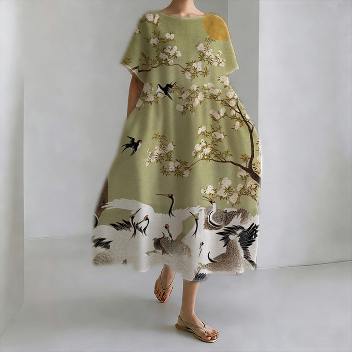 Robe en Coton Lin avec Art de Grue Japonaise et Plantes à Col Rond