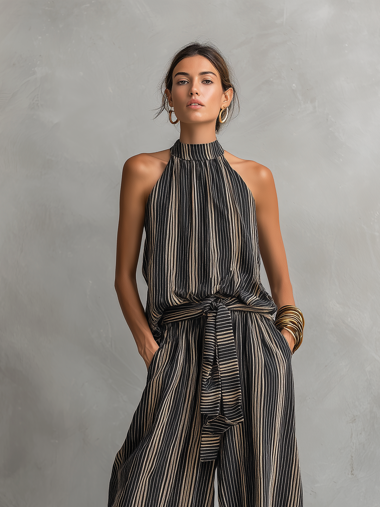 Ensemble Top Sans Manches à Col Rond Tissé Imprimé Rayé Élégant pour Femmes Associé à un Pantalon