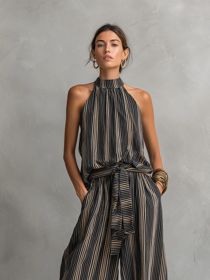Ensemble Top Sans Manches à Col Rond Tissé Imprimé Rayé Élégant pour Femmes Associé à un Pantalon