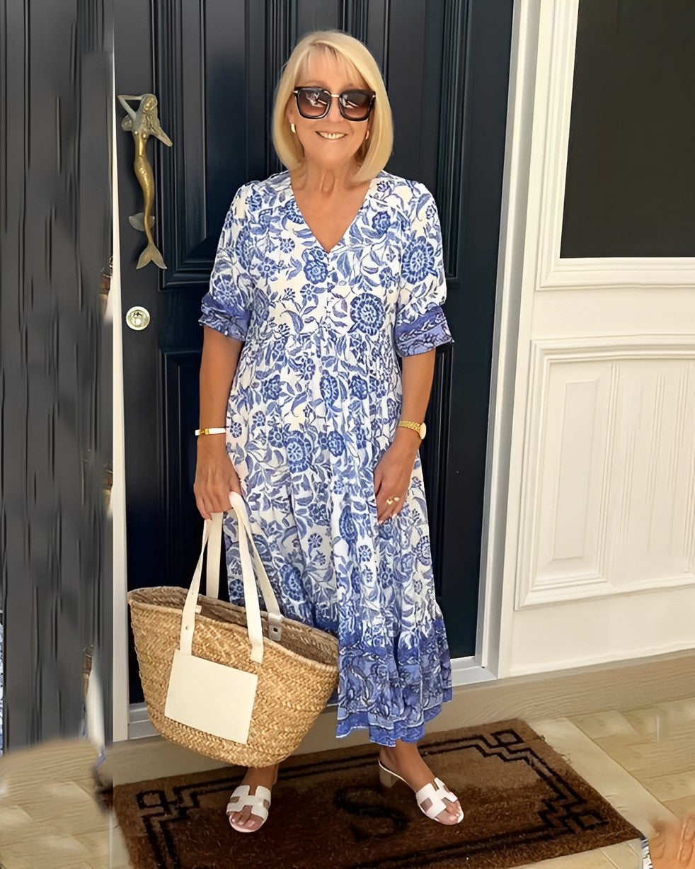Ellie | Robe Midi Coton Imprimé Floral Bleu & Blanc Col V Étagée