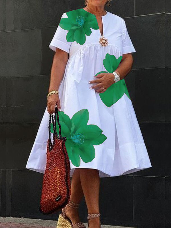 Flore | Robe Midi Ample Imprimé Fleurs Rouges Col V & Fronces