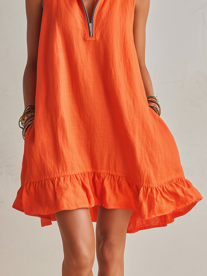 Manon | Robe Mini Lin Col Zippé & Ourlet Volant