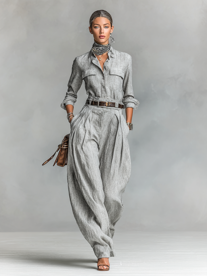 Chemise en mélange coton-lin à manches longues et pantalon ensemble deux pièces (ceinture non incluse)