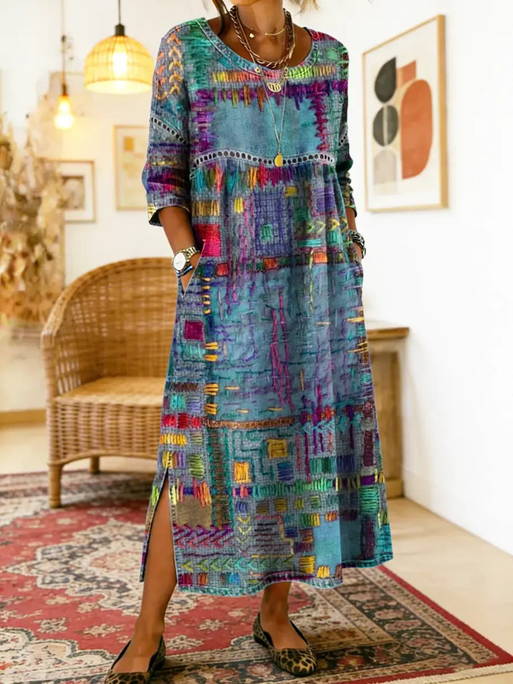Manuela | Robe Midi Imprimé Patchwork Coloré & Poches Latérales