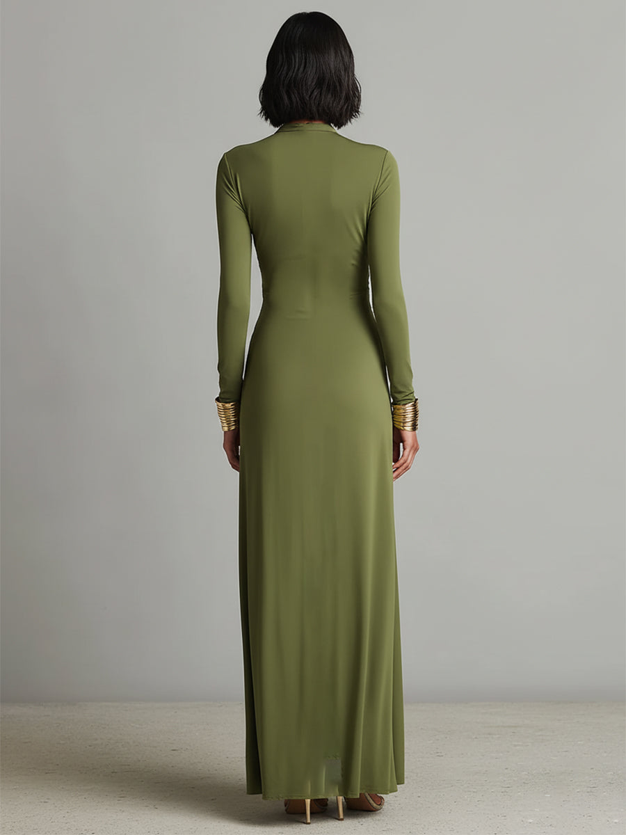 Sofia | Robe Maxikleid en Soie Olive à Profond Décolleté en V
