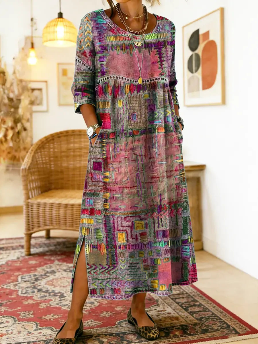 Manuela | Robe Midi Imprimé Patchwork Coloré & Poches Latérales