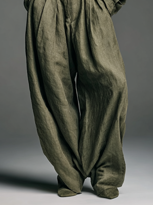 Mode Femme Mélange Coton et Lin Chemise à Manches Longues Pantalon Large Ensemble Deux Pièces