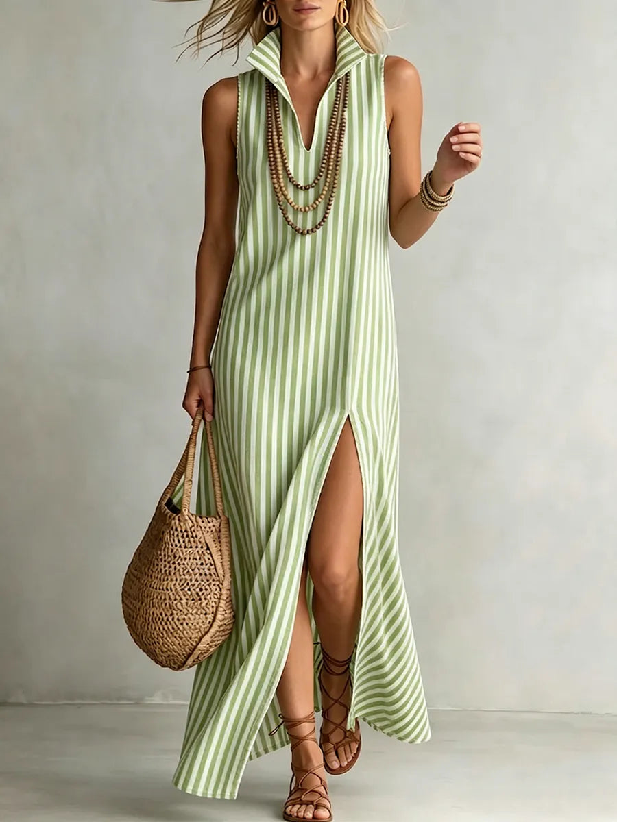 Riviera | Robe Maxi Rayée Col Polo Sans Manches & Fente Latérale