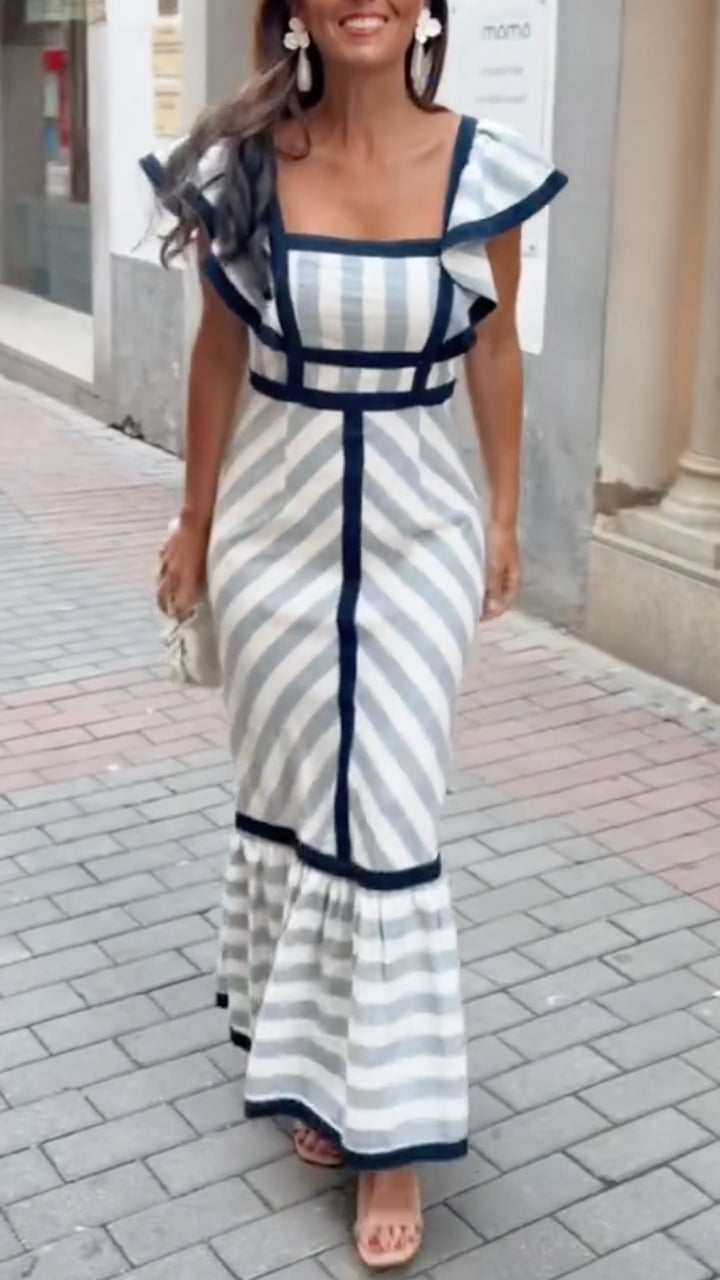 Dianne | Robe Maxi Rayée Col Carré Volants & Liserés Marine