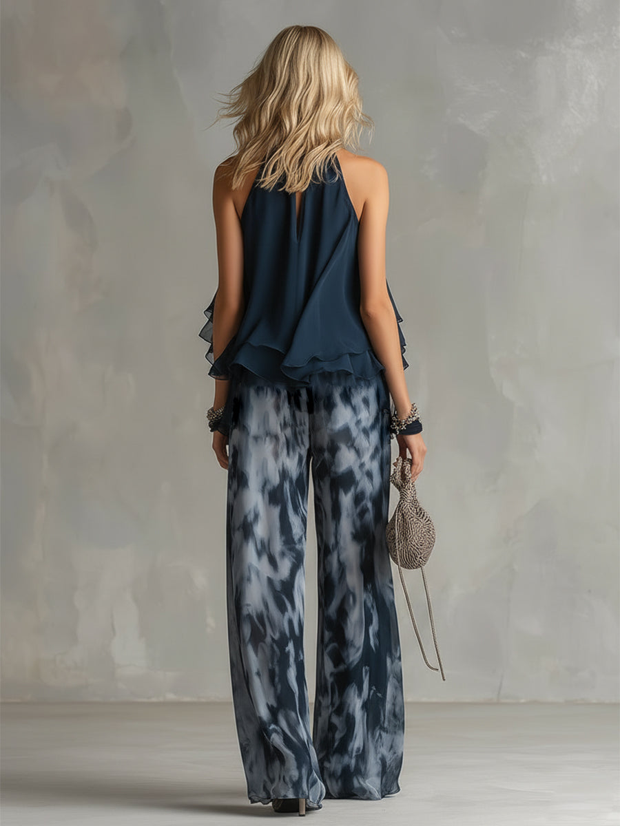 Ludovica – Ensemble élégant en chiffon avec haut à col montant et pantalon large imprimé
