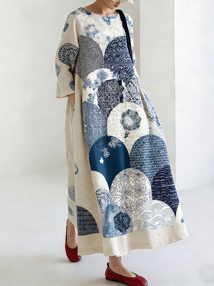 Robe en Lin de Style Japonais pour Femmes avec Motifs Géométriques et Floraux