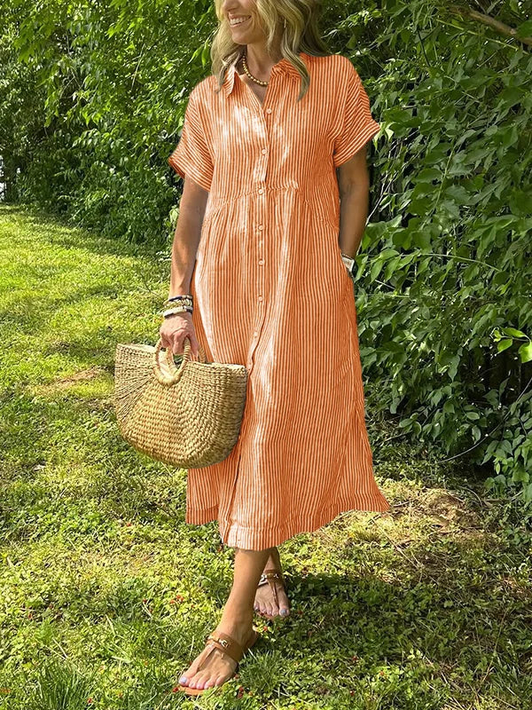 Wendy | Robe Chemise Rayée Lin & Manches Courtes