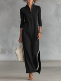 Laura | Robe Maxi Sweat Col Boutonné Ourlet Blanc