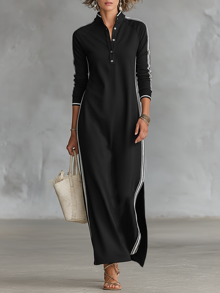 Laura | Robe Maxi Sweat Col Boutonné Ourlet Blanc