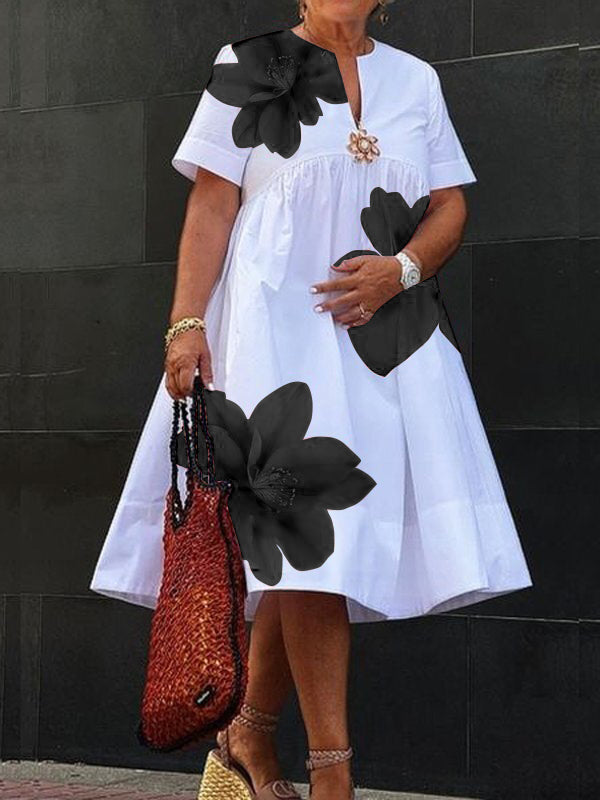 Flore | Robe Midi Ample Imprimé Fleurs Rouges Col V & Fronces