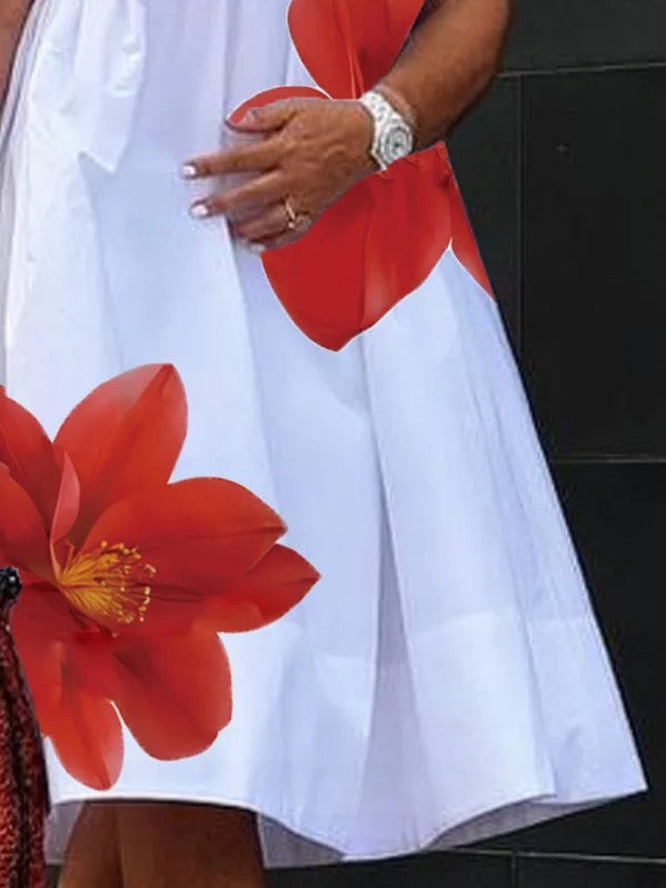 Flore | Robe Midi Ample Imprimé Fleurs Rouges Col V & Fronces