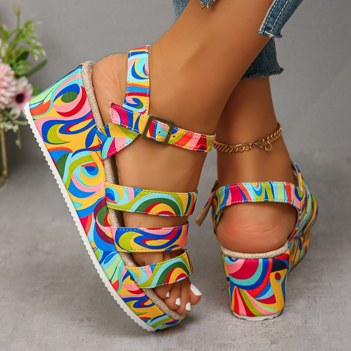 Selora | Sandales Compensées Imprimé Multicolore & Bride Cheville