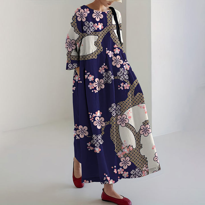 Robe midi loose en imprimé vintage de fleurs de cerisier japonaises pour femmes