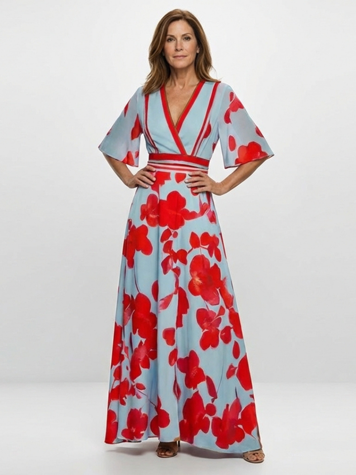 Corinne | Robe Maxi Fleurie à Col V et Manches Courtes