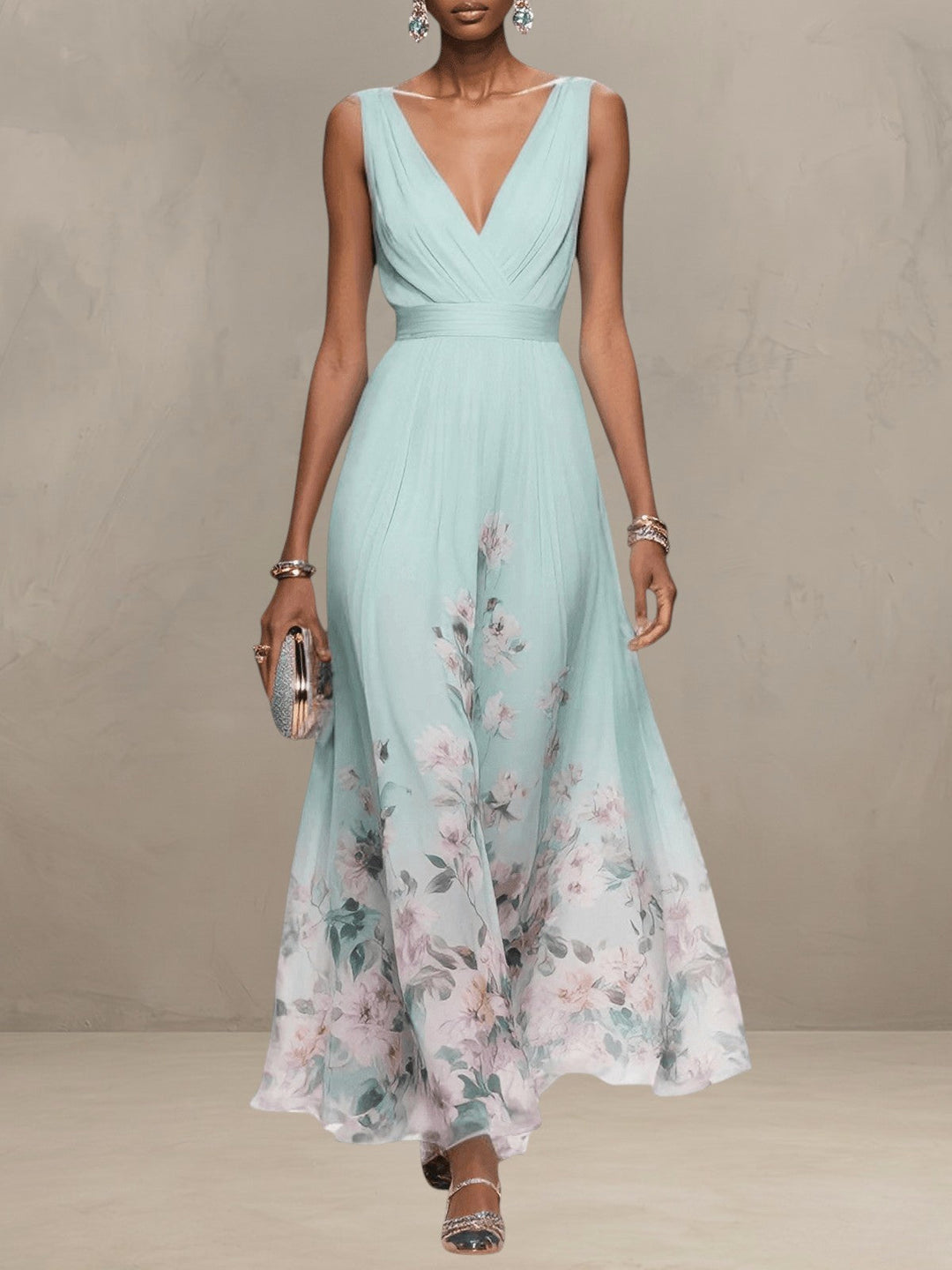 ROSA | ROBE MAXI EN CHIFFON FLORAL À COL V