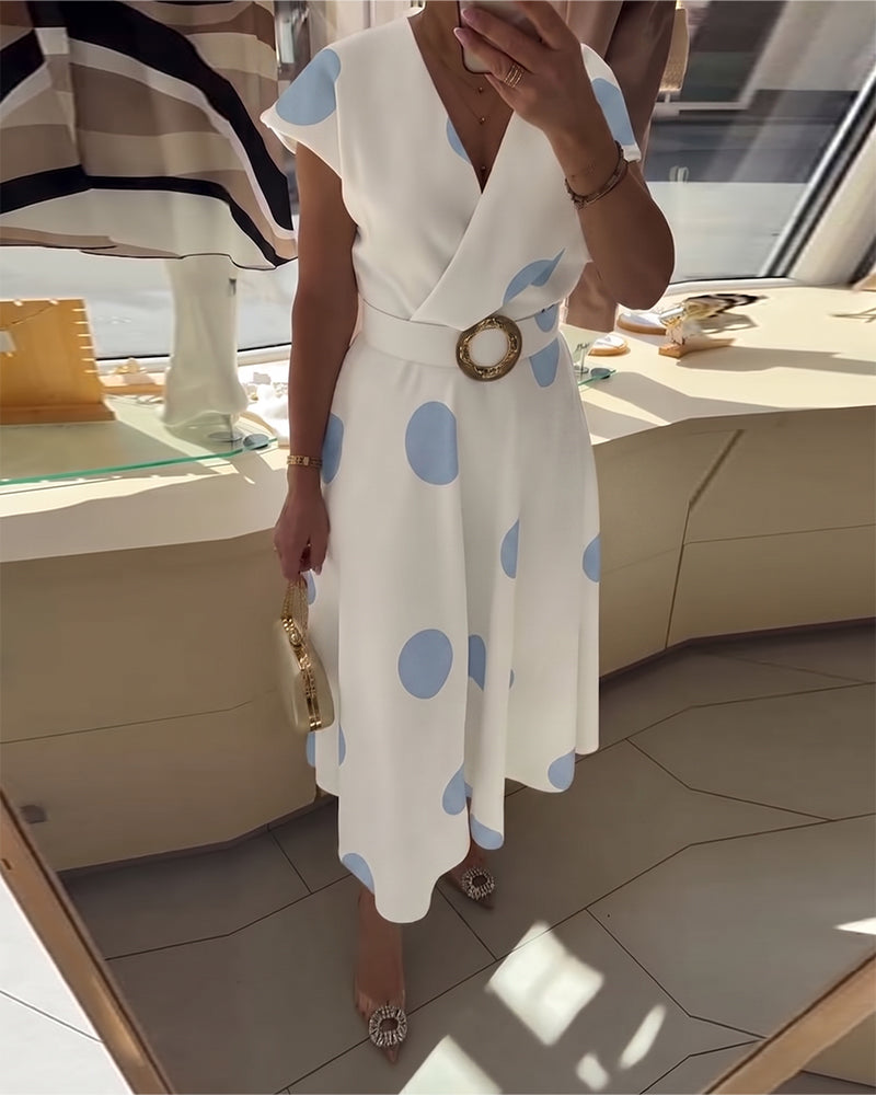 Ariel | Robe Midi Pois Grands Col V & Ceinture Dorée