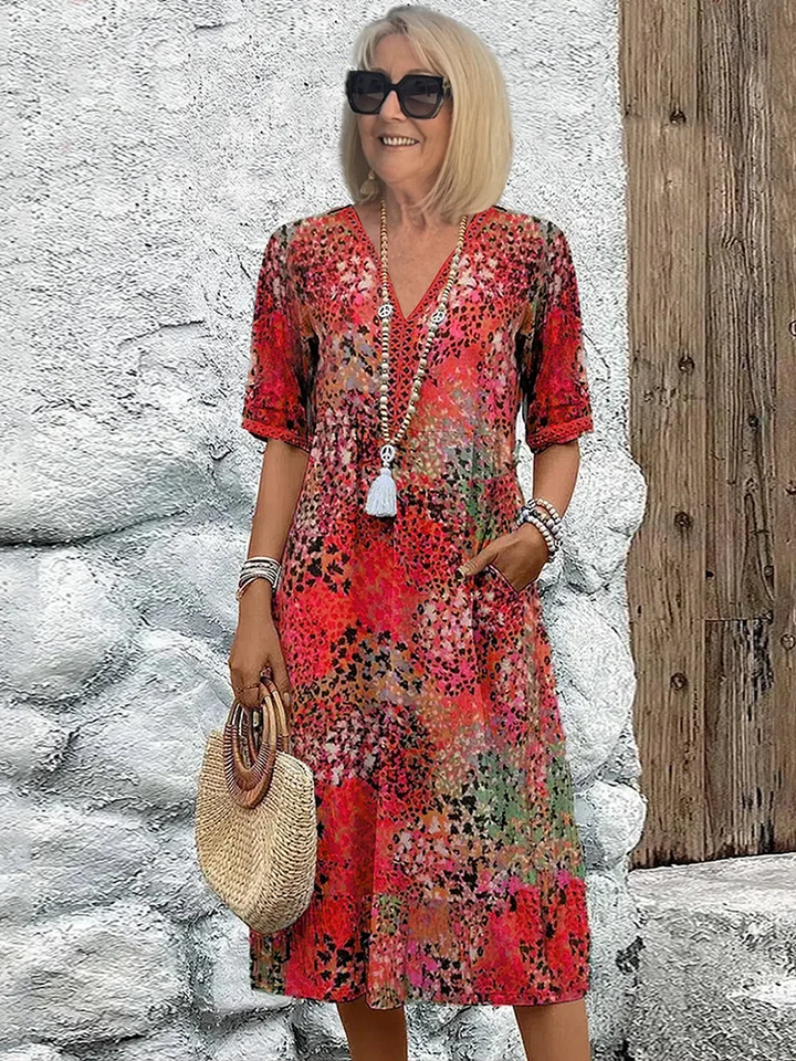 Susan | Robe Midi Imprimé Floral Sauvage Col V & Manches Courtes