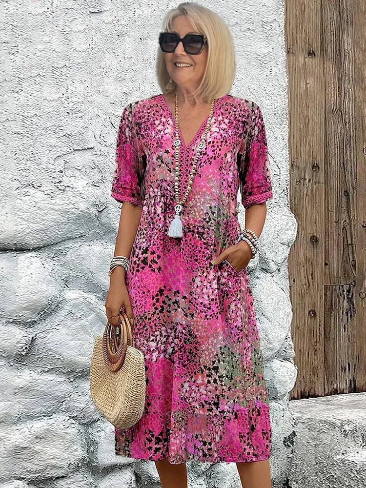 Susan | Robe Midi Imprimé Floral Sauvage Col V & Manches Courtes