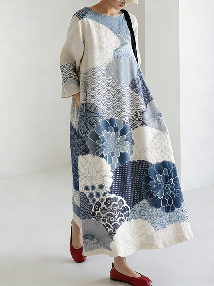 Robe en Lin de Style Japonais pour Femmes avec Motif Floral