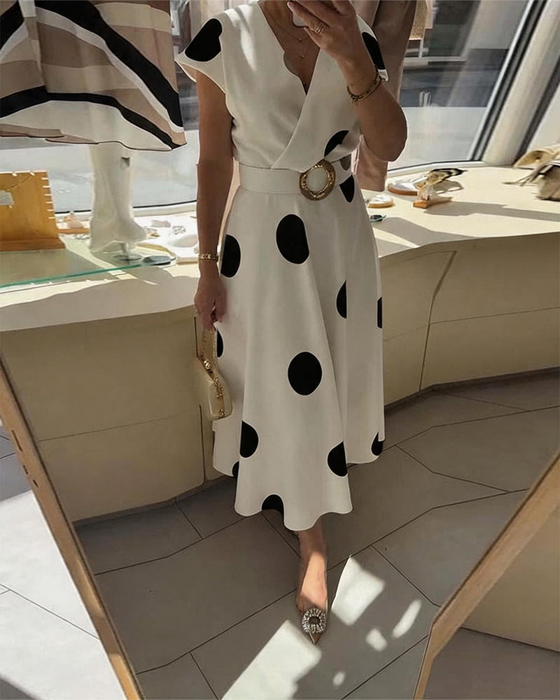 Ariel | Robe Midi Pois Grands Col V & Ceinture Dorée