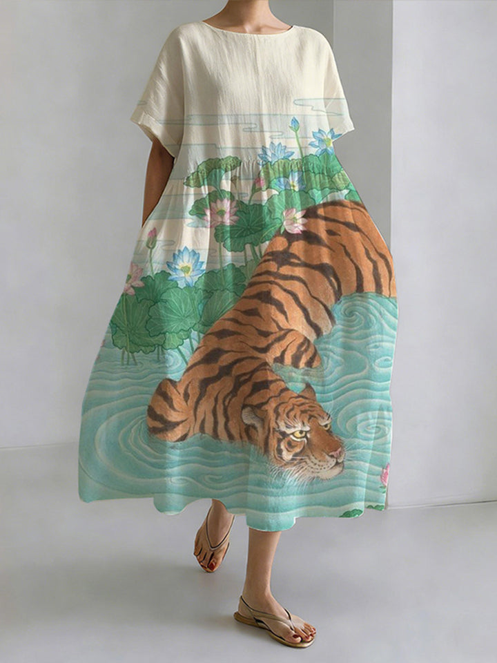 Robe décontractée à col rond imprimé tigre de Lotus Pond