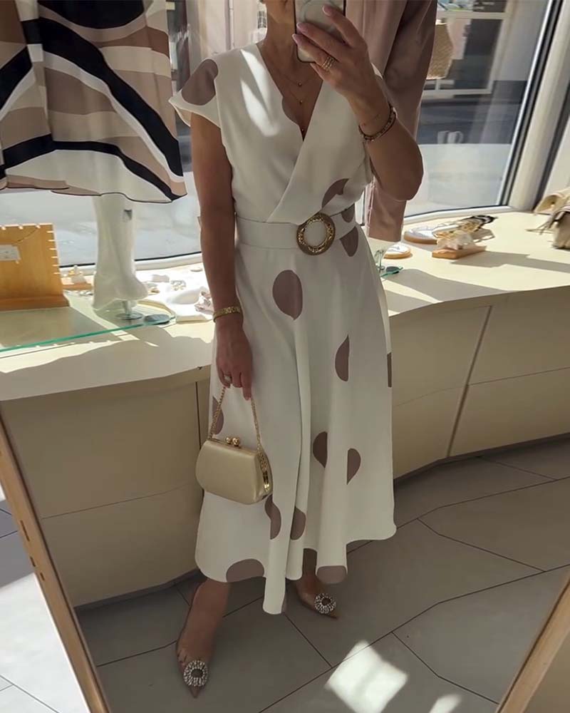Ariel | Robe Midi Pois Grands Col V & Ceinture Dorée