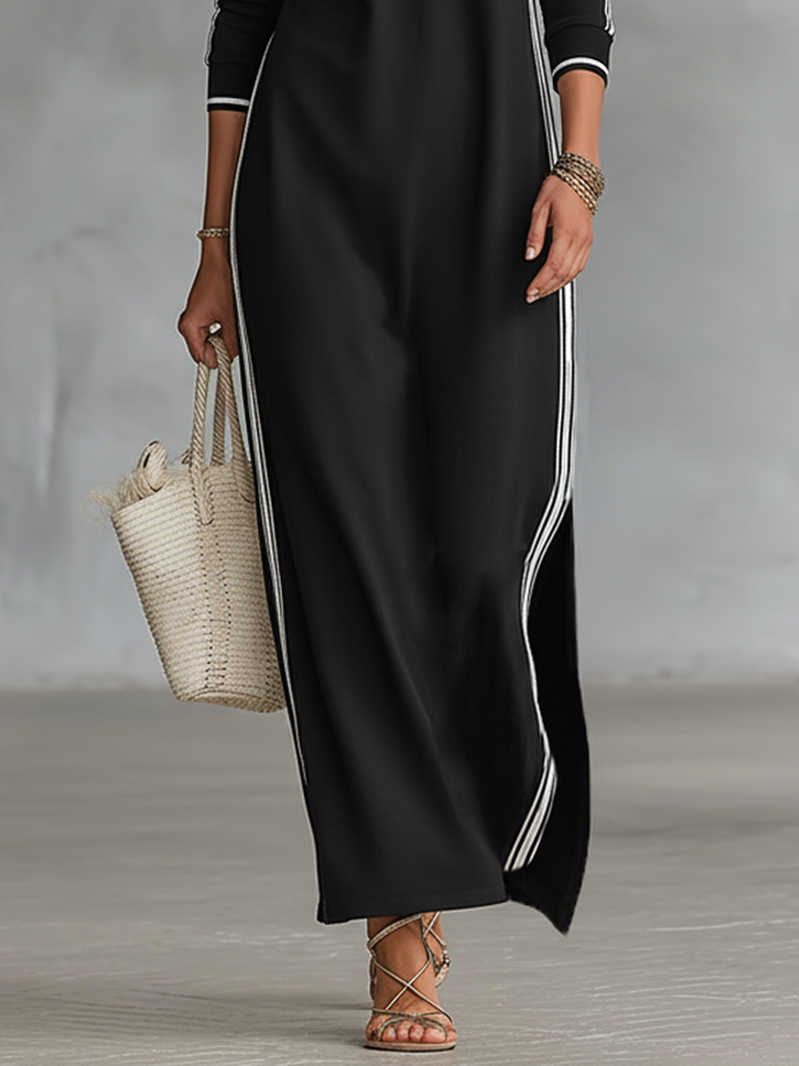 Laura | Robe Maxi Sweat Col Boutonné Ourlet Blanc