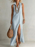 Riviera | Robe Maxi Rayée Col Polo Sans Manches & Fente Latérale