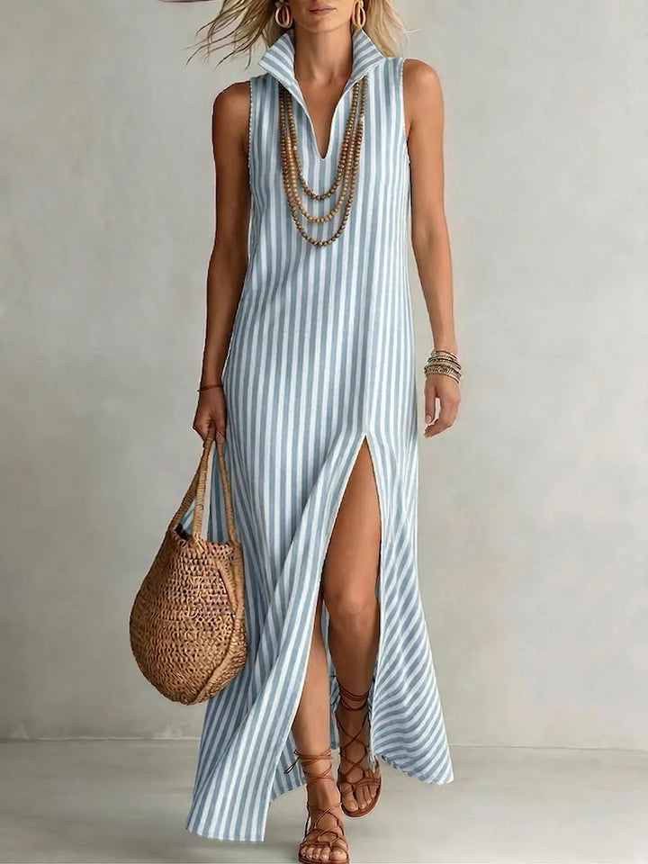 Riviera | Robe Maxi Rayée Col Polo Sans Manches & Fente Latérale