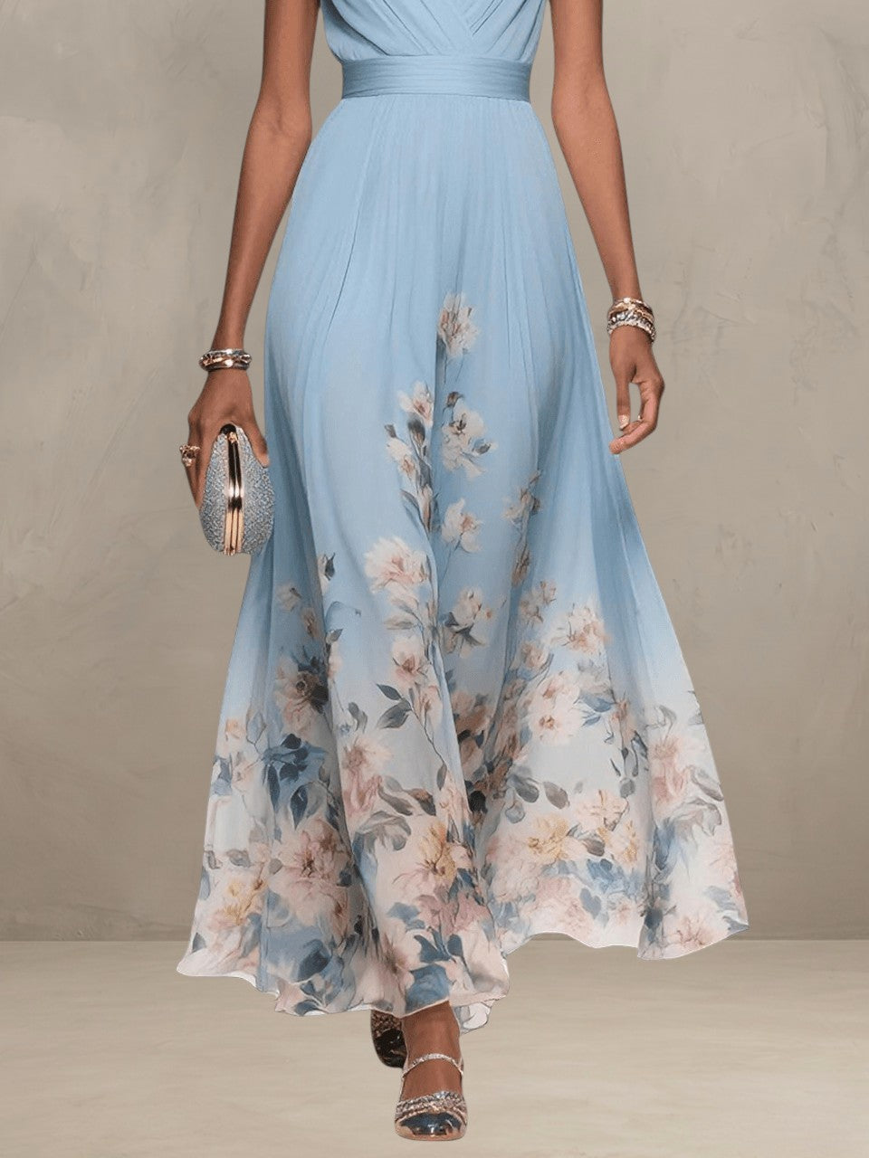 ROSA | ROBE MAXI EN CHIFFON FLORAL À COL V