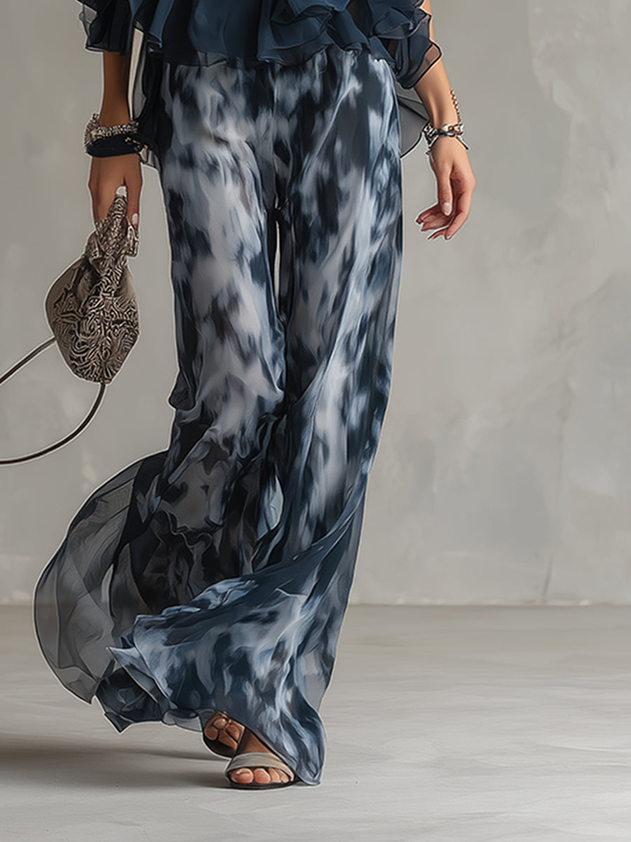 Ludovica – Ensemble élégant en chiffon avec haut à col montant et pantalon large imprimé