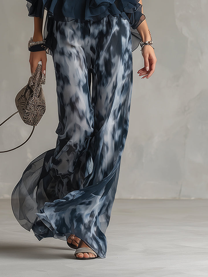 Ludovica – Ensemble élégant en chiffon avec haut à col montant et pantalon large imprimé