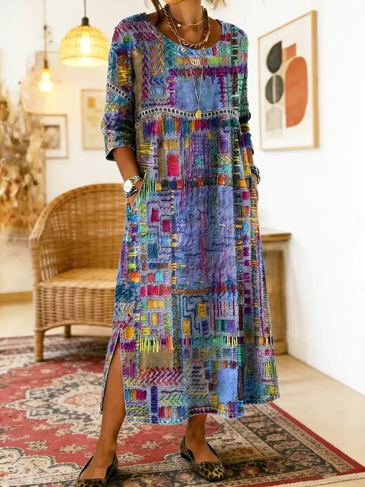 Manuela | Robe Midi Imprimé Patchwork Coloré & Poches Latérales