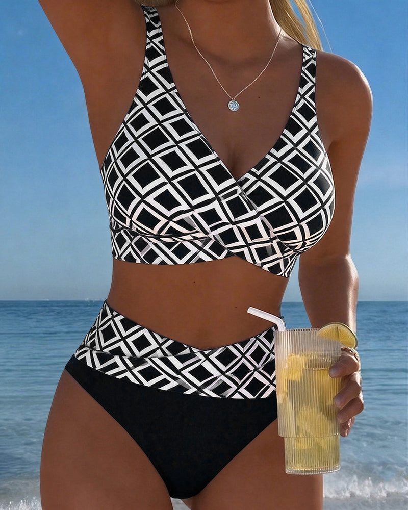 Léa | Bikini Deux Pièces Imprimé Géométrique & Taille Haute