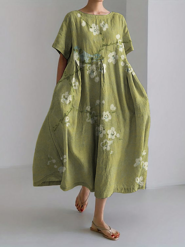Robe Maxi en Mélange de Lin Japonais avec Oiseau sur Branches de Fleurs de Prunier