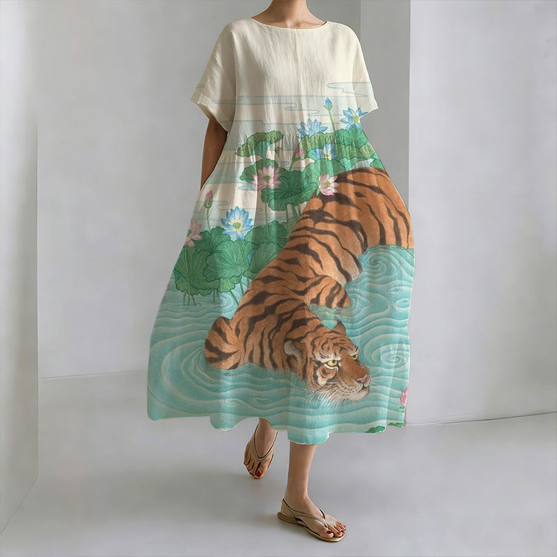 Robe décontractée à col rond imprimé tigre de Lotus Pond