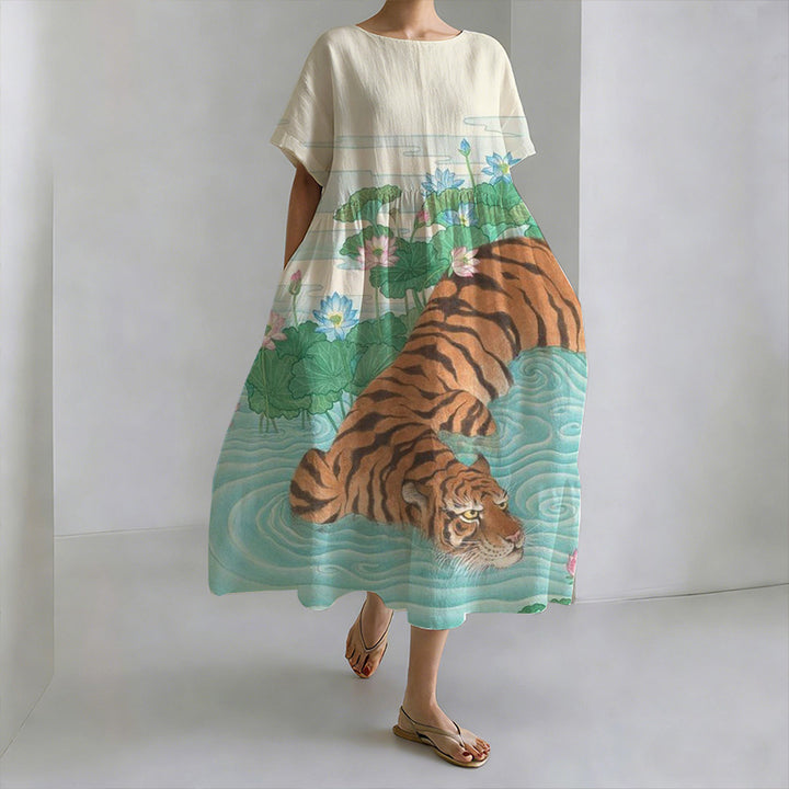 Robe décontractée à col rond imprimé tigre de Lotus Pond
