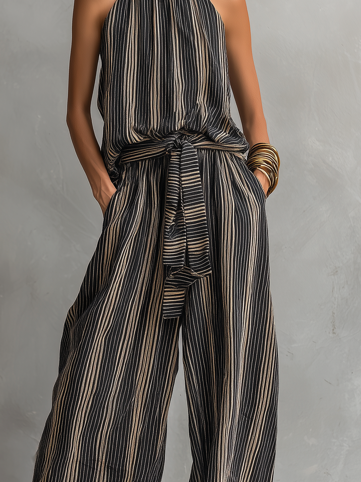 Ensemble Top Sans Manches à Col Rond Tissé Imprimé Rayé Élégant pour Femmes Associé à un Pantalon