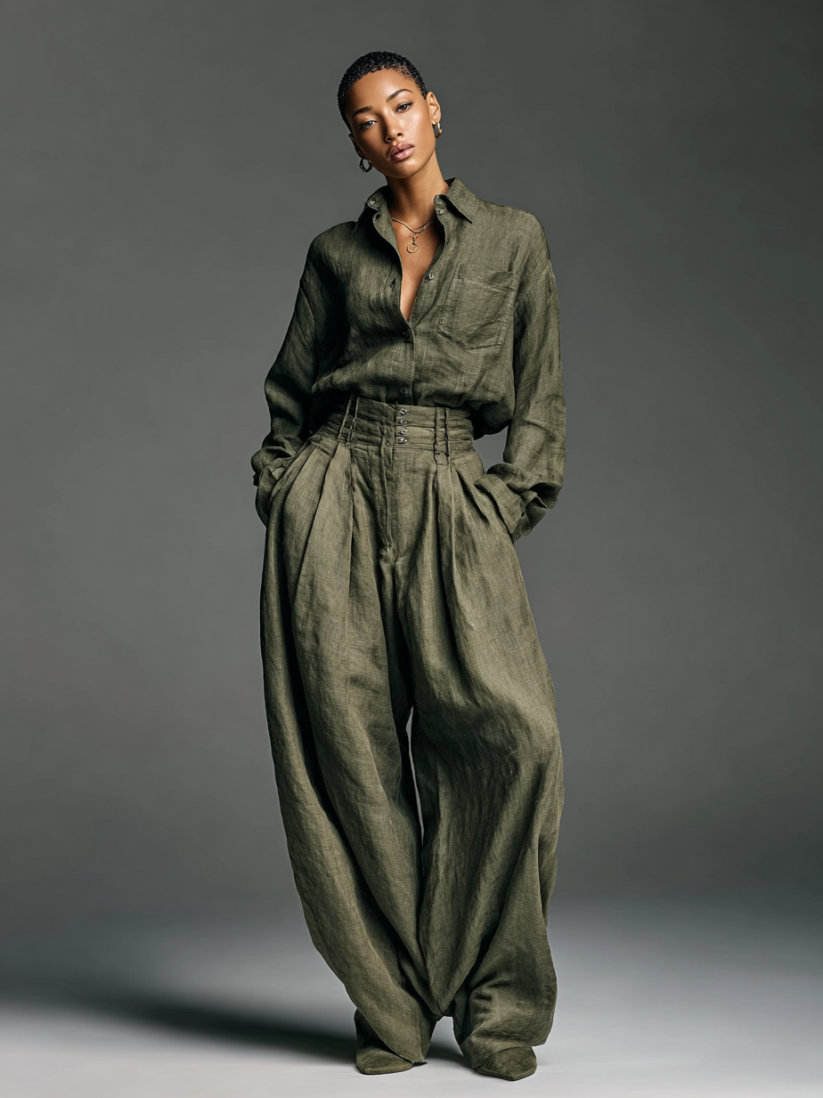 Mode Femme Mélange Coton et Lin Chemise à Manches Longues Pantalon Large Ensemble Deux Pièces